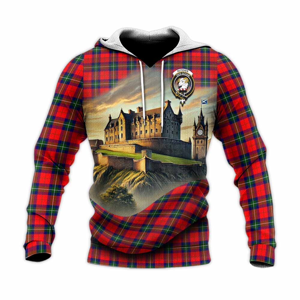 Ruthven Tartan Family Crest Knitted Hoodie with Scottish Ancient Castle Style Unisex Knitted Pullover Hoodie - Tartan Vibes Clothing