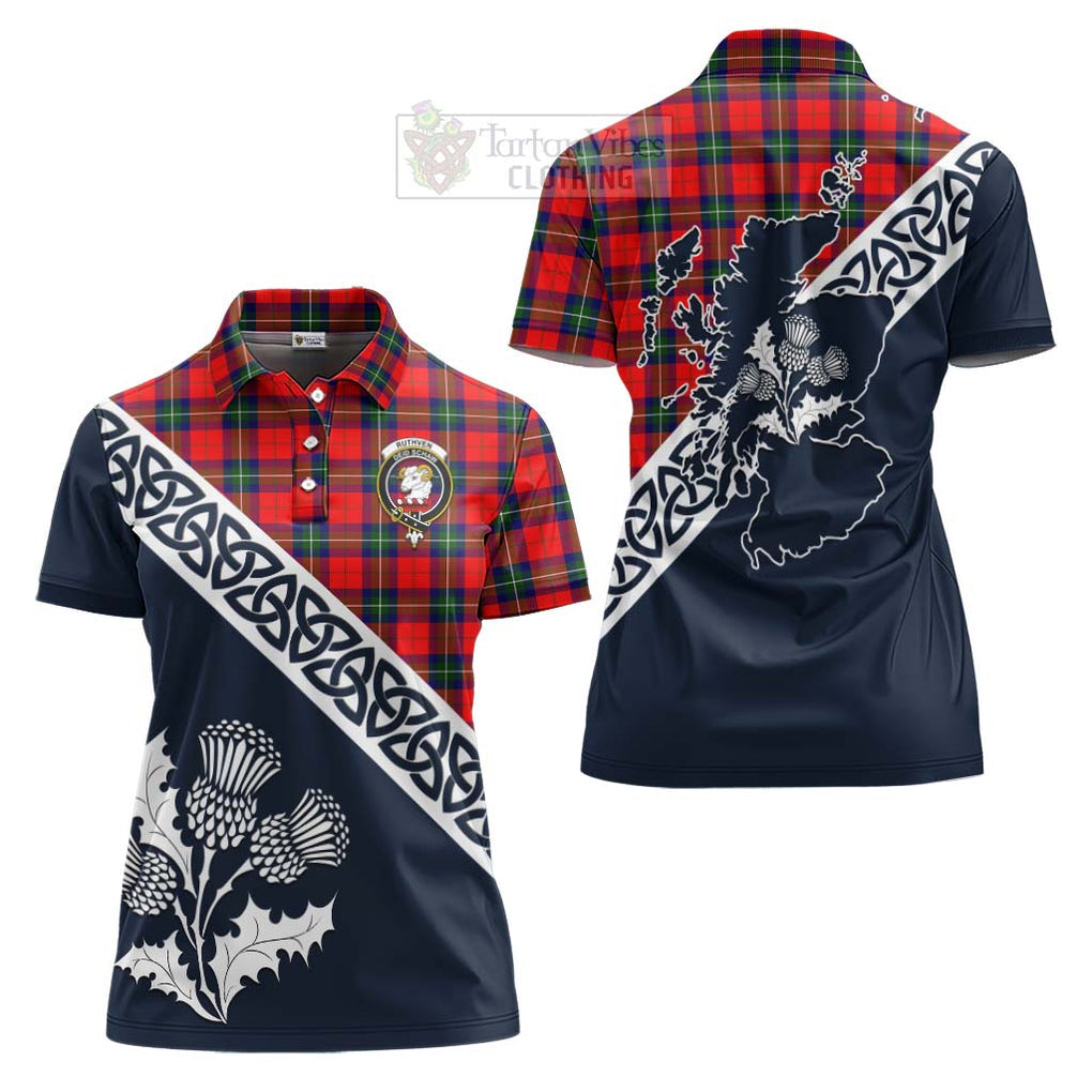 Ruthven Tartan Women's Polo Shirt Featuring Thistle and Scotland Map Women - Tartanvibesclothing Store