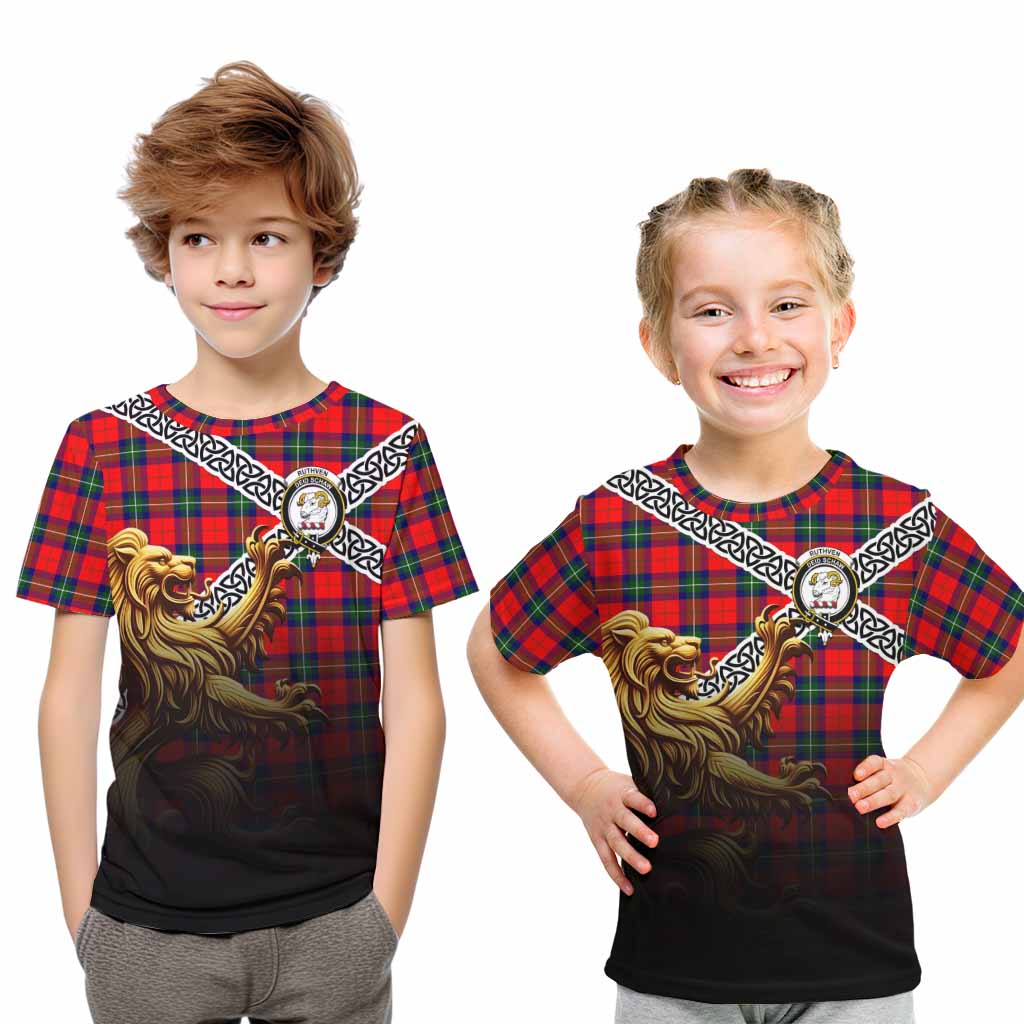 Ruthven Crest Tartan Kid T-Shirt with Golden Lion Emblem Celtic Style Youth XL Size14 - Tartan Vibes Clothing