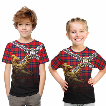 Ruthven Crest Tartan Kid T-Shirt with Golden Lion Emblem Celtic Style Youth XL Size14 - Tartan Vibes Clothing