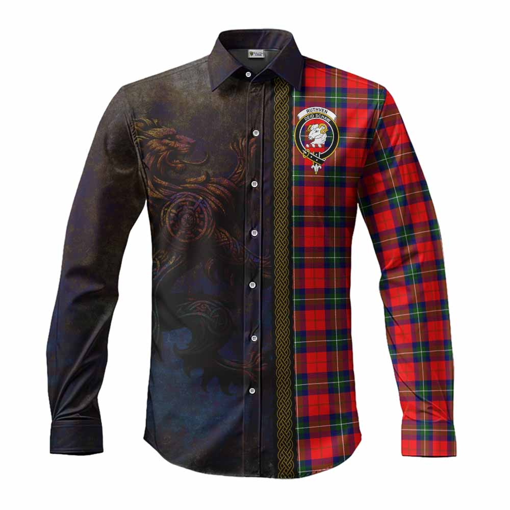 Ruthven Tartan Family Crest Long Sleeve Button Shirt Alba Gu Brath Be Brave Lion Ancient Style Men's Shirt S - Tartan Vibes Clothing