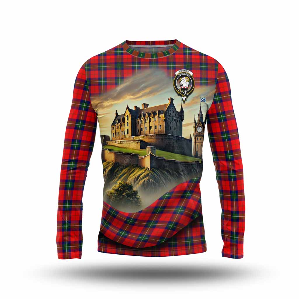 Ruthven Tartan Family Crest Long Sleeve T-Shirt with Scottish Ancient Castle Style Unisex - Tartan Vibes Clothing