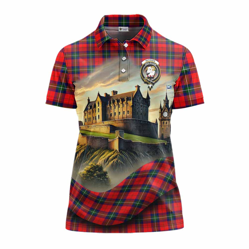 Ruthven Tartan Family Crest Women's Polo Shirt with Scottish Ancient Castle Style Women - Tartan Vibes Clothing