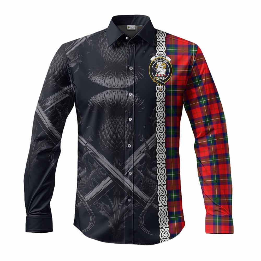 Tartan Vibes Clothing Ruthven Tartan Long Sleeve Button Shirt with Family Crest Cross Sword Thistle Celtic Vibes