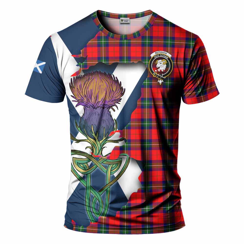 Tartan Vibes Clothing Ruthven Tartan Family Crest T-Shirt Scottish Thistle Celtic Inspired