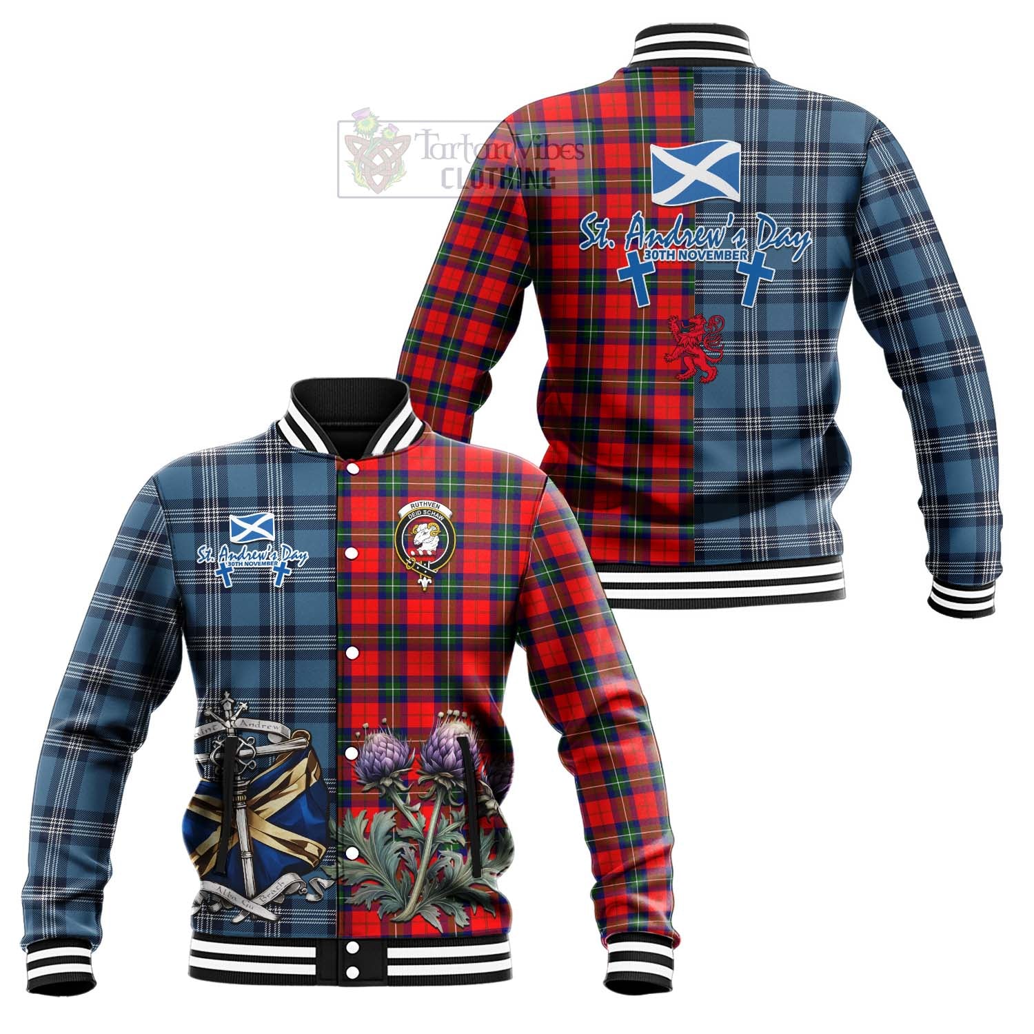Ruthven Tartan Baseball Jacket Happy St. Andrew's Day Half Tartan Style Unisex - Tartan Vibes Clothing