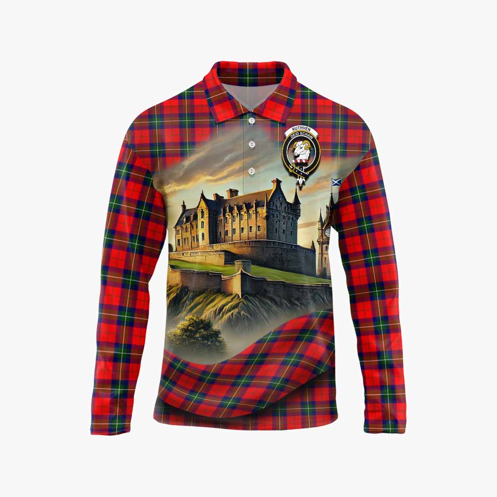 Ruthven Tartan Family Crest Long Sleeve Polo Shirt with Scottish Ancient Castle Style Unisex - Tartan Vibes Clothing