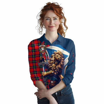 Ruthven Tartan Family Crest Women's Casual Shirt with Scottish Majestic Lion Female - Tartan Vibes Clothing