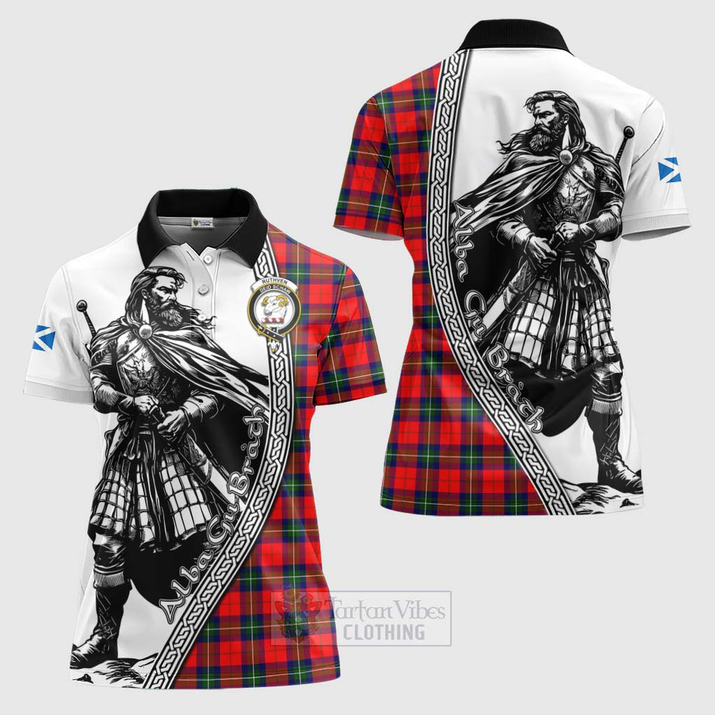 Ruthven Tartan Clan Crest Women's Polo Shirt with Highlander Warrior Celtic Style Women - Tartan Vibes Clothing