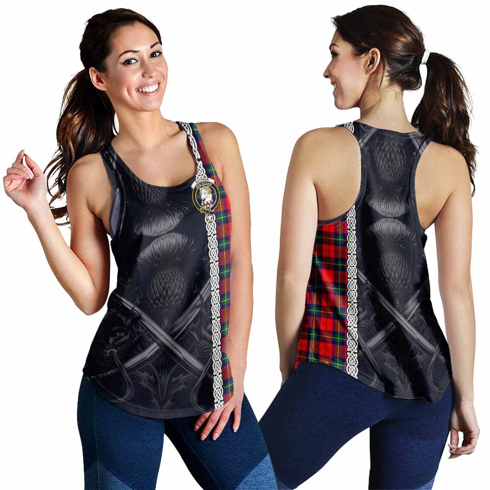 Ruthven Tartan Women's Racerback Tanks with Family Crest Cross Sword Thistle Celtic Vibes 4XL - Tartan Vibes Clothing