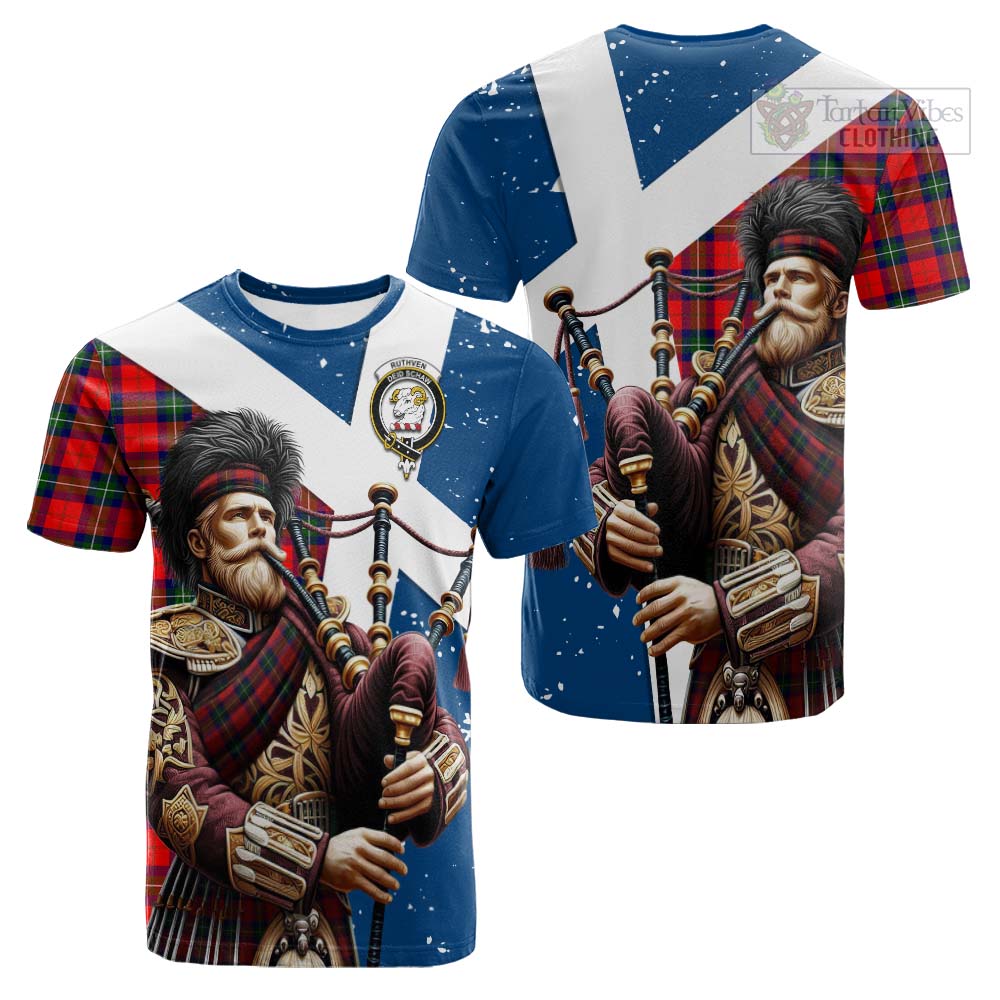 Tartan Vibes Clothing Ruthven Tartan Cotton T-shirt with Family Crest Scottish Bagpiper Vibes