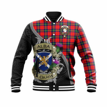 Ruthven Tartan Family Crest Baseball Jacket Lion Rampant Royal Thistle Shield Celtic Inspired Unisex - Tartan Vibes Clothing