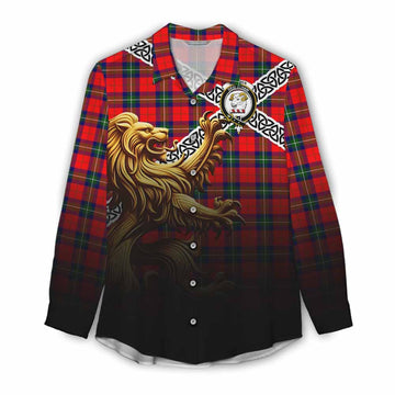 Ruthven Crest Tartan Women's Casual Shirt with Golden Lion Emblem Celtic Style Female - Tartan Vibes Clothing