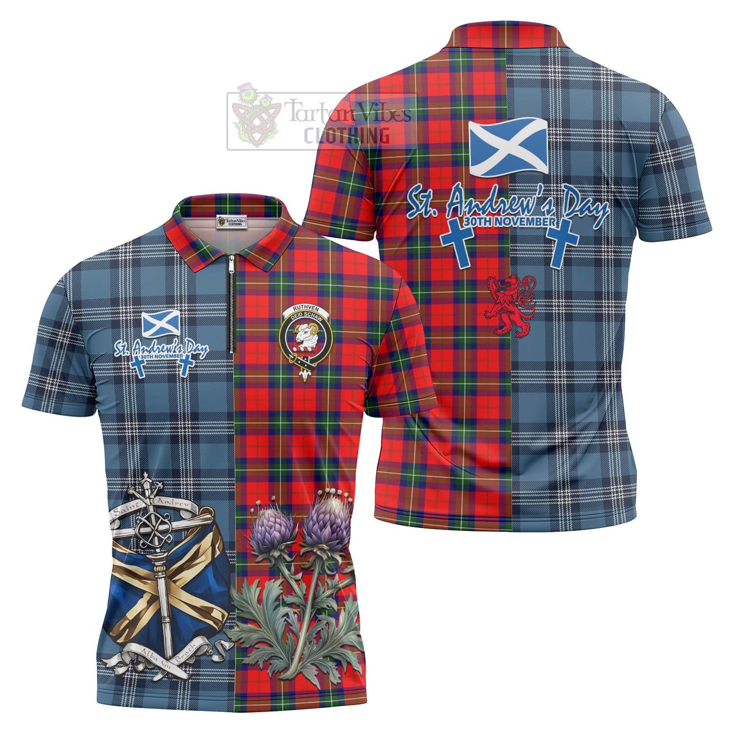 Ruthven Tartan Zipper Polo Shirt Happy St. Andrew's Day Half Tartan Style Unisex - Tartan Vibes Clothing