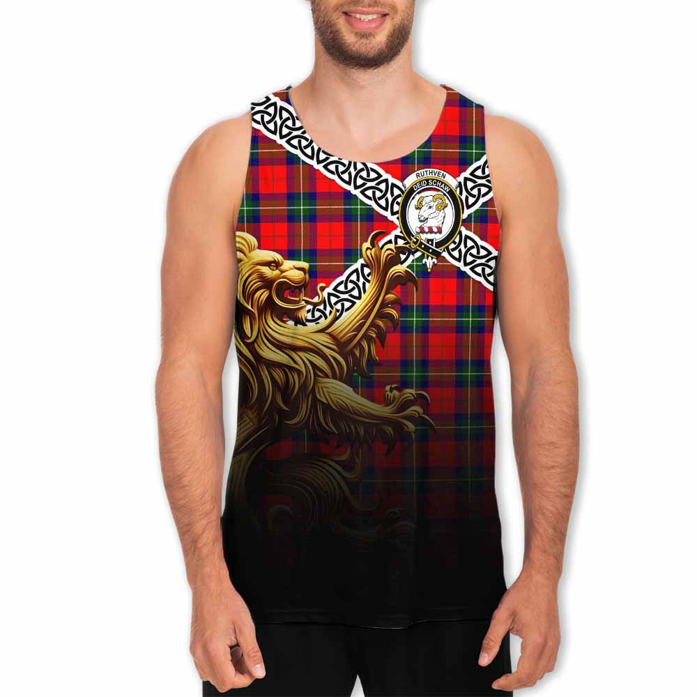 Ruthven Crest Tartan Men's Tank Top with Golden Lion Emblem Celtic Style Men - Tartan Vibes Clothing