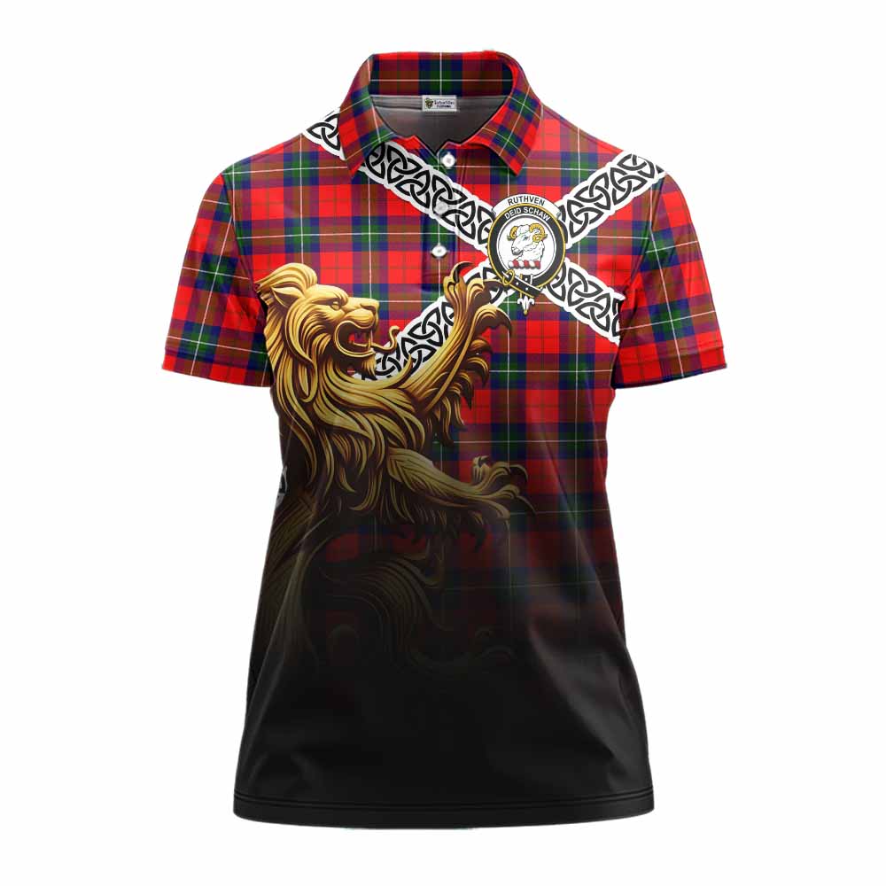 Ruthven Crest Tartan Women's Polo Shirt with Golden Lion Emblem Celtic Style Women - Tartan Vibes Clothing