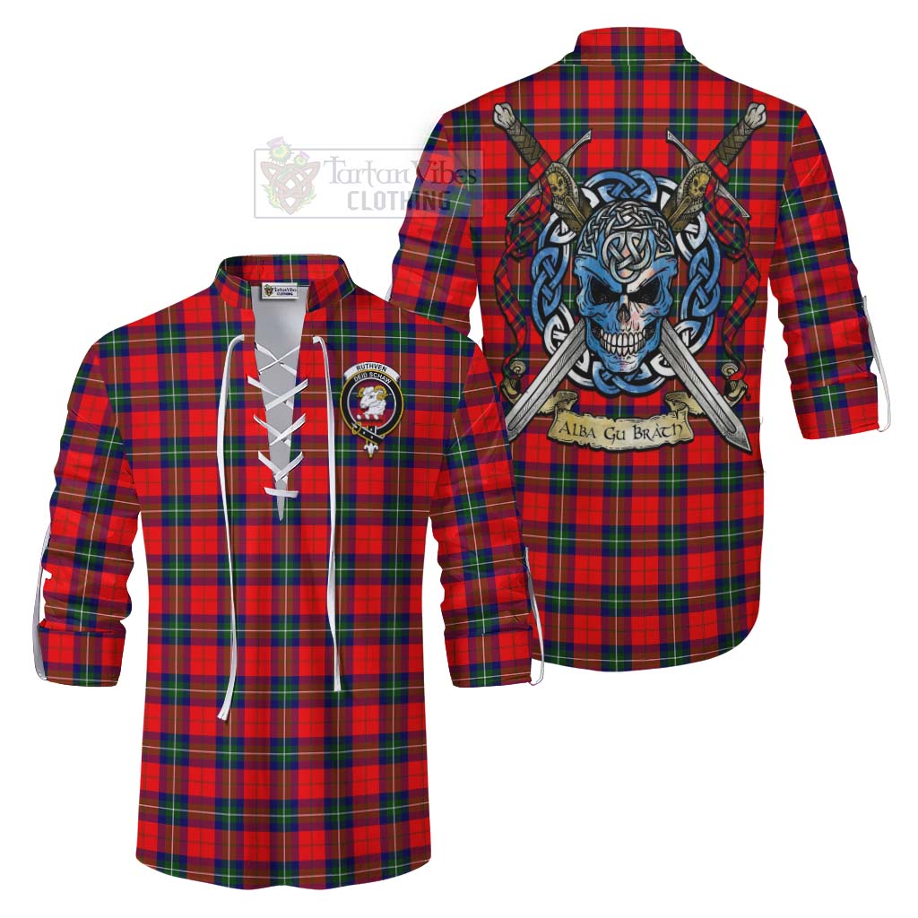 Ruthven Tartan Ghillie Kilt Shirt with Family Crest Celtic Skull Style Men - Tartan Vibes Clothing