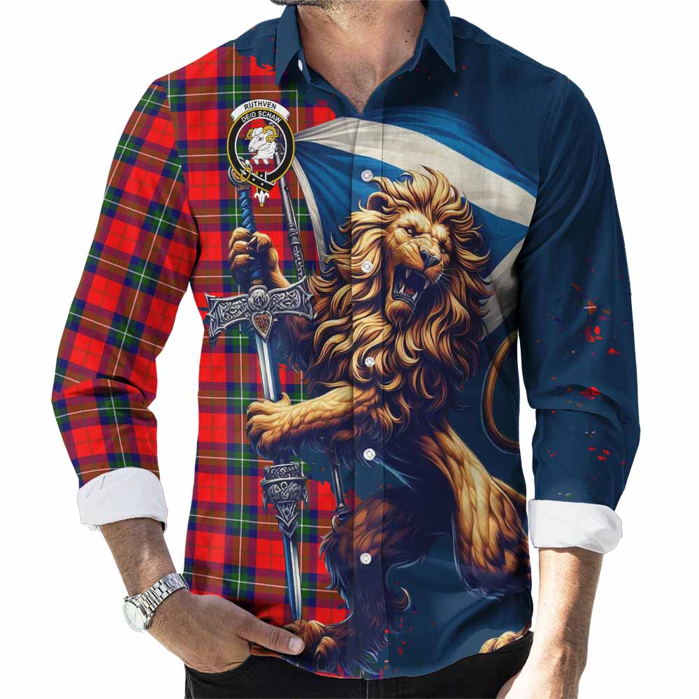Ruthven Tartan Family Crest Long Sleeve Button Shirt with Scottish Majestic Lion Men's Shirt S - Tartan Vibes Clothing