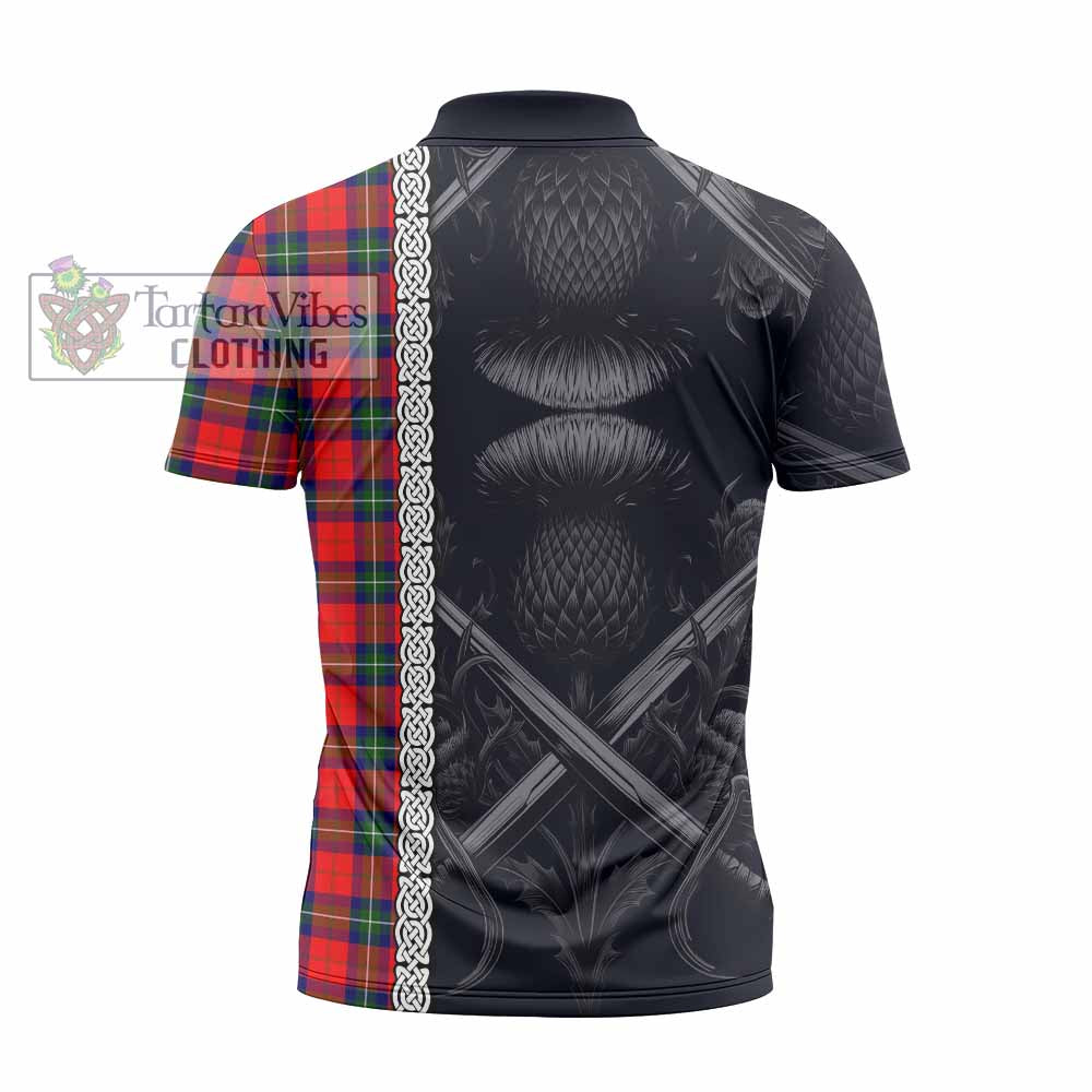Ruthven Tartan Zipper Polo Shirt with Family Crest Cross Sword Thistle Celtic Vibes - Tartan Vibes Clothing
