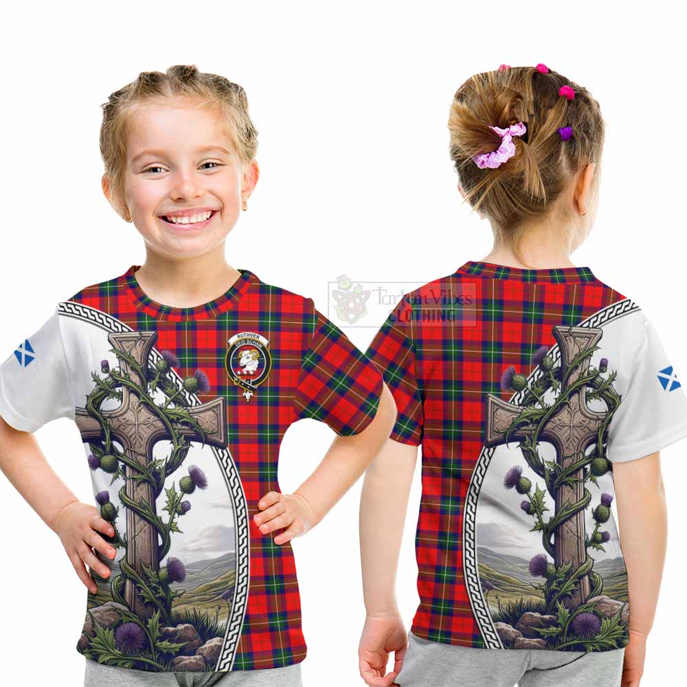 Ruthven Tartan Kid T-Shirt with Family Crest and St. Andrew's Cross Accented by Thistle Vines - Tartan Vibes Clothing