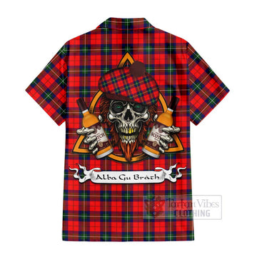 Ruthven Tartan Hawaiian Shirt with Family Crest and Bearded Skull Holding Bottles of Whiskey - Tartan Vibes Clothing