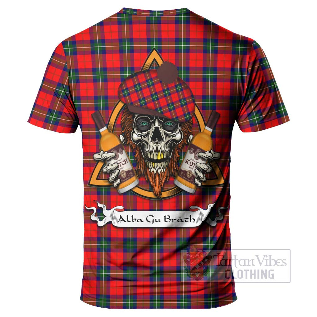 Tartan Vibes Clothing Ruthven Tartan T-Shirt with Family Crest and Bearded Skull Holding Bottles of Whiskey