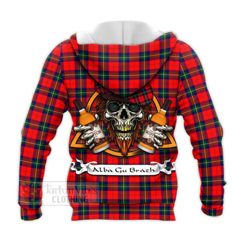Ruthven Tartan Knitted Hoodie with Family Crest and Bearded Skull Holding Bottles of Whiskey - Tartan Vibes Clothing
