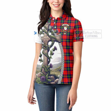 Ruthven Tartan Women's Polo Shirt with Family Crest and St. Andrew's Cross Accented by Thistle Vines - Tartan Vibes Clothing