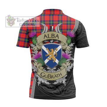 Ruthven Tartan Family Crest Zipper Polo Shirt Lion Rampant Royal Thistle Shield Celtic Inspired - Tartan Vibes Clothing