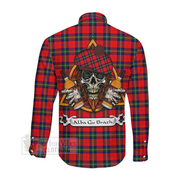 Ruthven Tartan Long Sleeve Button Shirt with Family Crest and Bearded Skull Holding Bottles of Whiskey Men's Shirt - Tartan Vibes Clothing