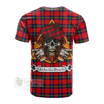 Ruthven Tartan Cotton T-shirt with Family Crest and Bearded Skull Holding Bottles of Whiskey