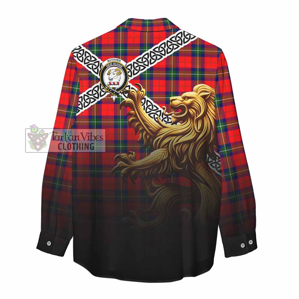Ruthven Crest Tartan Women's Casual Shirt with Golden Lion Emblem Celtic Style - Tartan Vibes Clothing