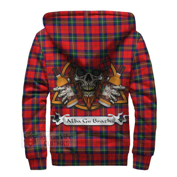 Ruthven Tartan Sherpa Hoodie with Family Crest and Bearded Skull Holding Bottles of Whiskey - Tartan Vibes Clothing