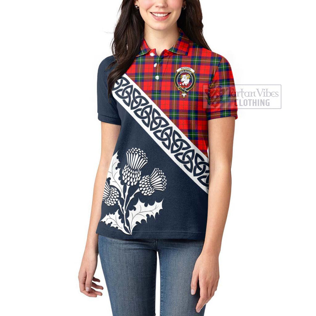 Ruthven Tartan Women's Polo Shirt Featuring Thistle and Scotland Map - Tartanvibesclothing Store