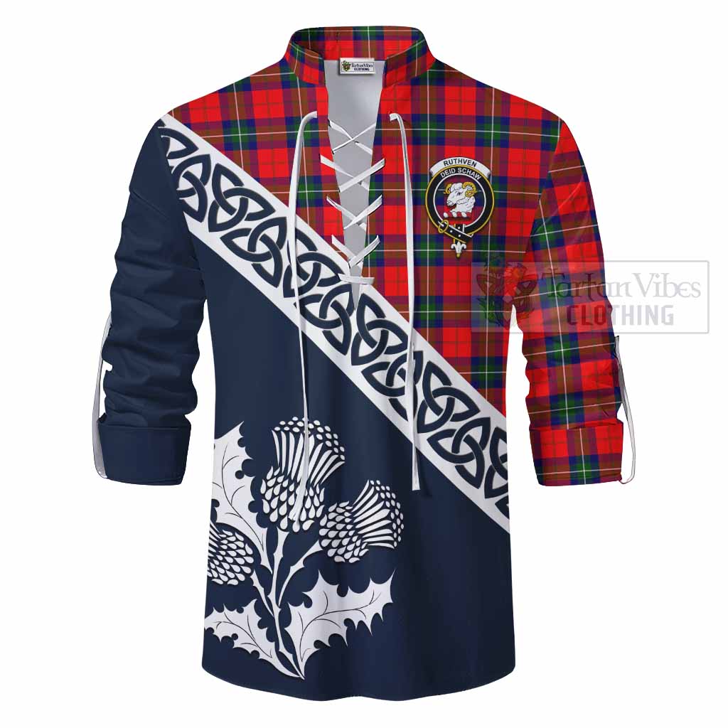 Ruthven Tartan Ghillie Kilt Shirt Featuring Thistle and Scotland Map - Tartan Vibes Clothing