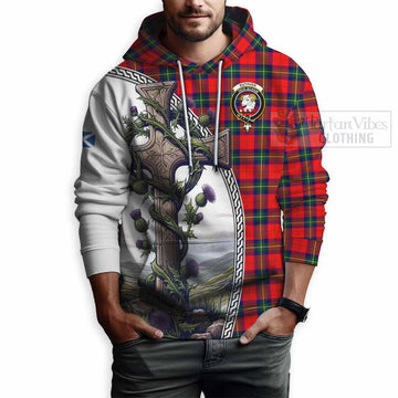 Ruthven Tartan Hoodie with Family Crest and St. Andrew's Cross Accented by Thistle Vines - Tartan Vibes Clothing