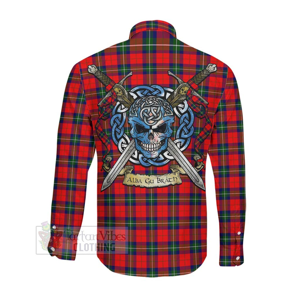 Ruthven Tartan Long Sleeve Button Shirt with Family Crest Celtic Skull Style Men's Shirt - Tartan Vibes Clothing