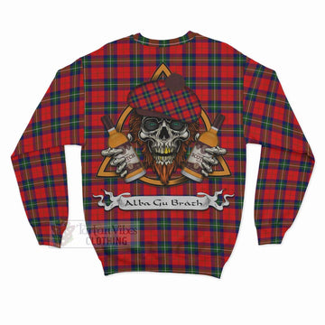 Ruthven Tartan Sweatshirt with Family Crest and Bearded Skull Holding Bottles of Whiskey - Tartan Vibes Clothing