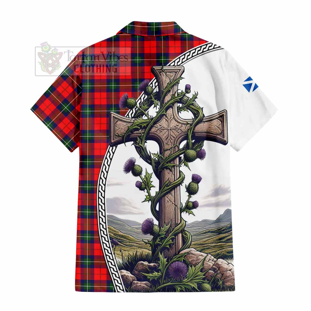 Ruthven Tartan Hawaiian Shirt with Family Crest and St. Andrew's Cross Accented by Thistle Vines - Tartan Vibes Clothing