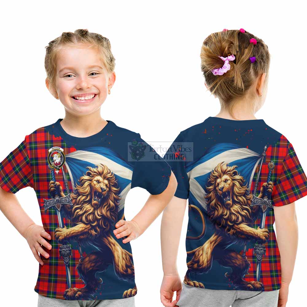 Ruthven Tartan Family Crest Kid T-Shirt with Scottish Majestic Lion - Tartan Vibes Clothing