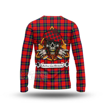 Ruthven Tartan Long Sleeve T-Shirt with Family Crest and Bearded Skull Holding Bottles of Whiskey - Tartan Vibes Clothing