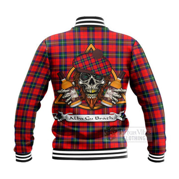 Ruthven Tartan Baseball Jacket with Family Crest and Bearded Skull Holding Bottles of Whiskey - Tartan Vibes Clothing