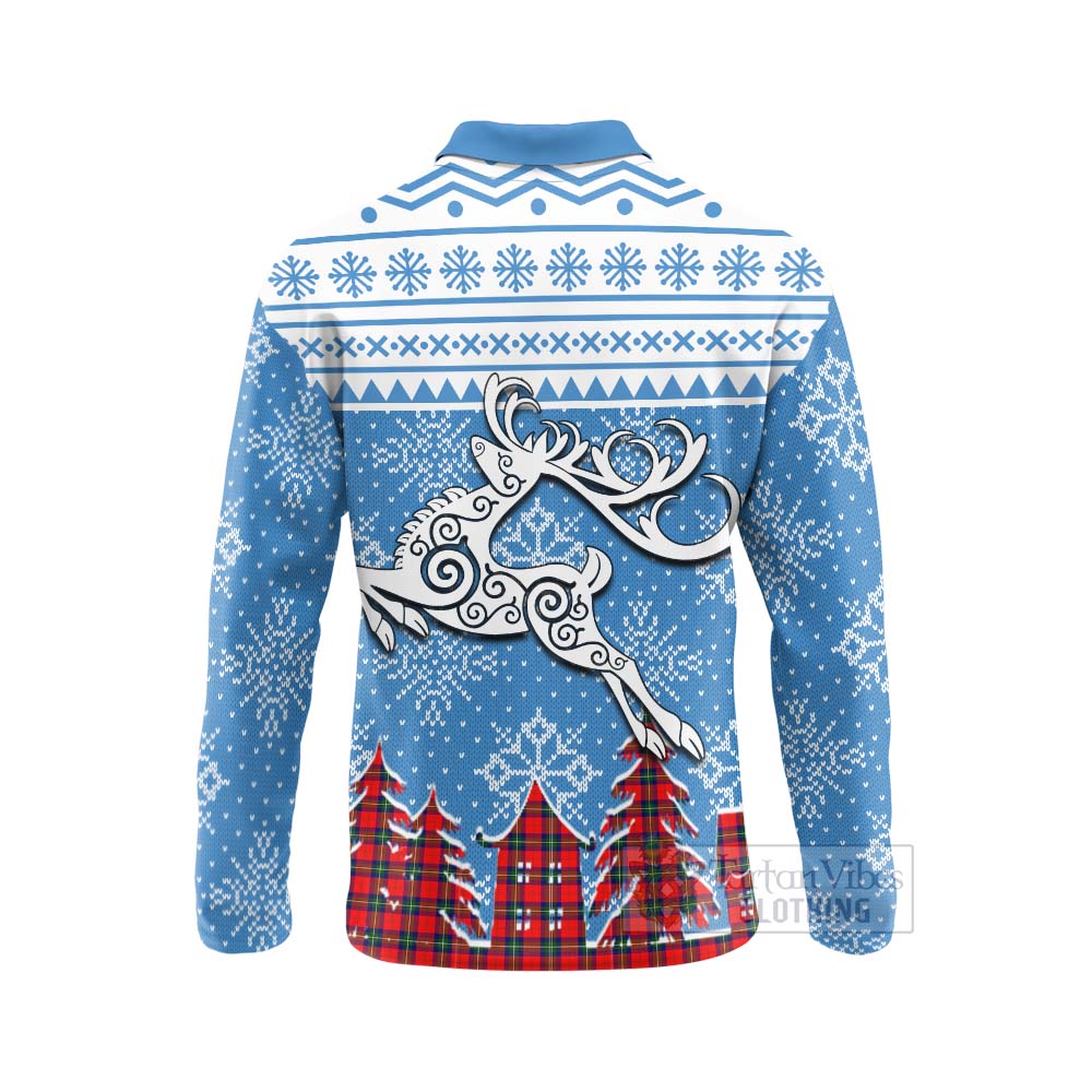 Ruthven Clan Christmas Long Sleeve Polo Shirt Celtic Reindeer Style - Tartan Vibes Clothing
