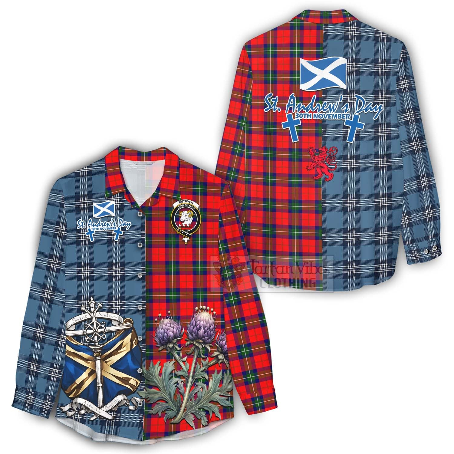 Ruthven Tartan Women's Casual Shirt Happy St. Andrew's Day Half Tartan Style - Tartan Vibes Clothing