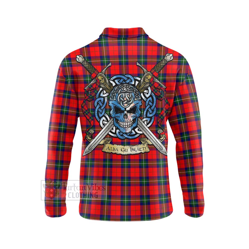 Ruthven Tartan Long Sleeve Polo Shirt with Family Crest Celtic Skull Style - Tartan Vibes Clothing