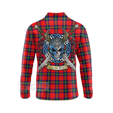 Ruthven Tartan Long Sleeve Polo Shirt with Family Crest Celtic Skull Style - Tartan Vibes Clothing