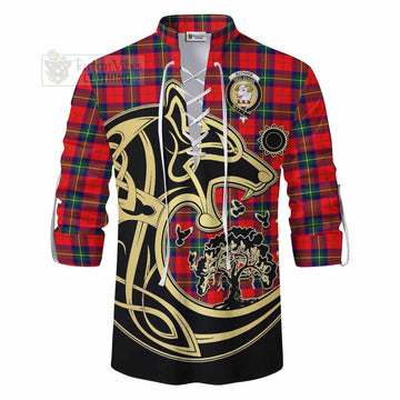 Ruthven Tartan Ghillie Kilt Shirt with Family Crest Celtic Wolf Style - Tartan Vibes Clothing