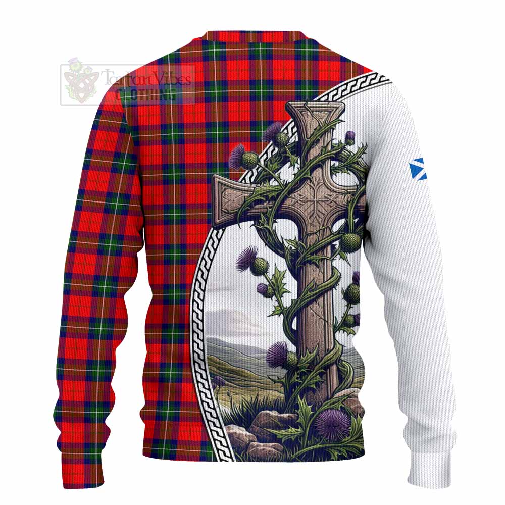 Ruthven Tartan Knitted Sweater with Family Crest and St. Andrew's Cross Accented by Thistle Vines - Tartan Vibes Clothing