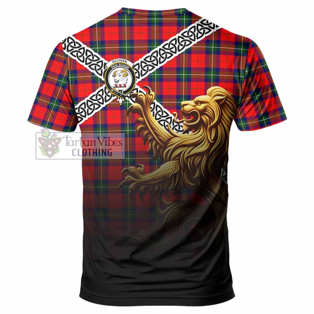 Ruthven Crest Tartan T-Shirt with Golden Lion Emblem Celtic Style - Tartan Vibes Clothing