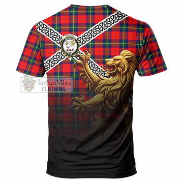 Ruthven Crest Tartan T-Shirt with Golden Lion Emblem Celtic Style